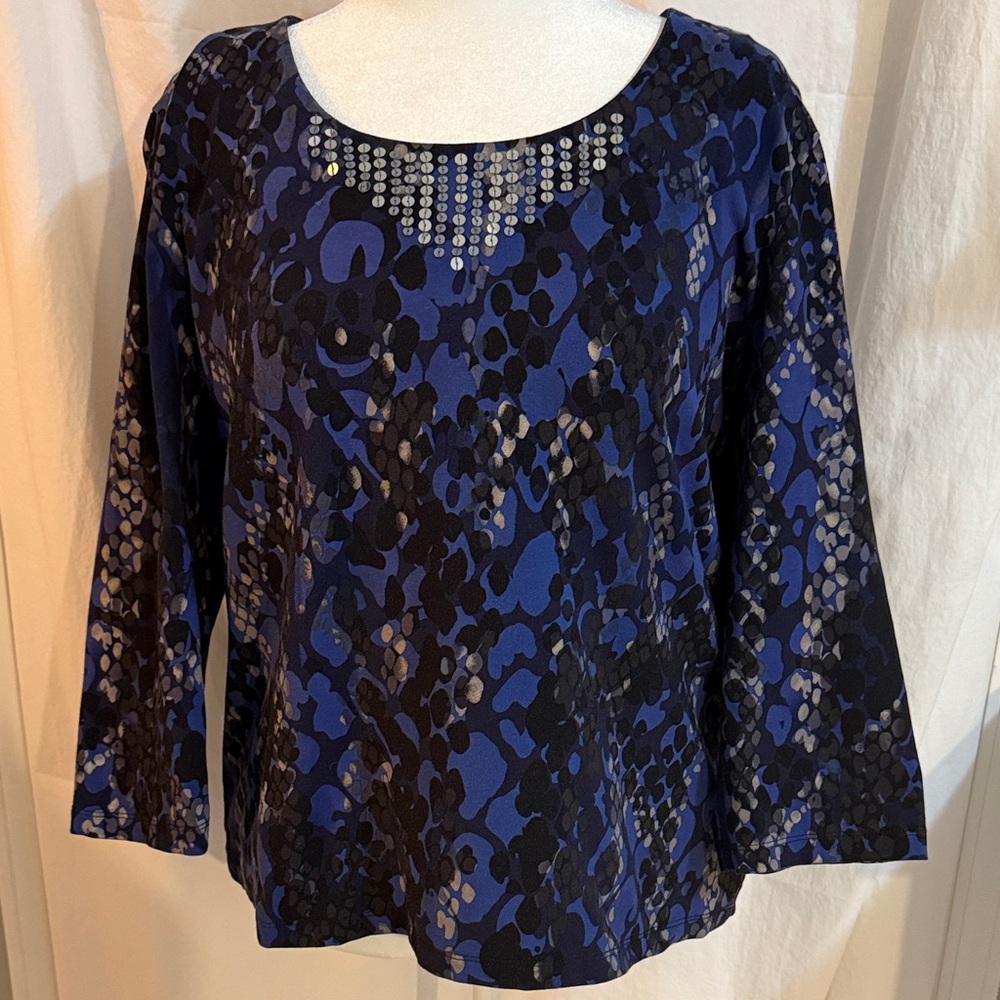 Ruby Road Blue and Black Women's Top with Sequins Long Sleeves